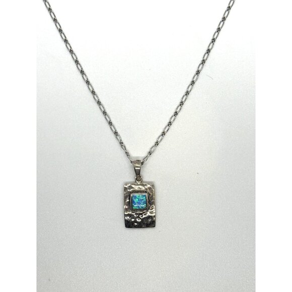 Sterling Silver 925 Necklace Artisan Hammered Pendant Blue Opal Style Inlay 16" - Picture 4 of 11